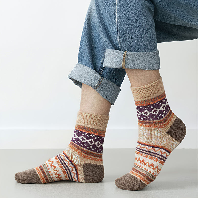 Anyfootwear 5 Pairs Winter Thick Warm Wool Socks – Mix Color Warm & Casual National Wind-Flowers Socks Size 5–9
