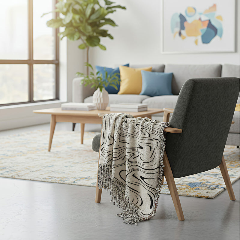 Anycozy Throw Blanket Faux Cashmere Sofa Cover Black Water Waves Pattern Tassel Soft Picnic Camping Mat 130*160cm