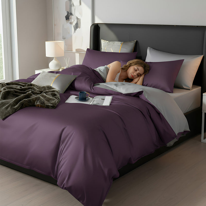 Anycozy Bed Sheet Purple Light Grey Ultra Soft Luxury Egyptian Cotton Bedding Cover UK King Size 4 Pcs Bed Set