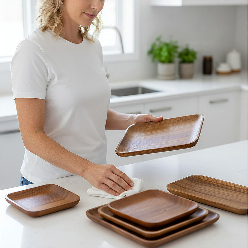 Anygleam Brown 6pcs Acacia Wood Plate Food Kitchen Tableware