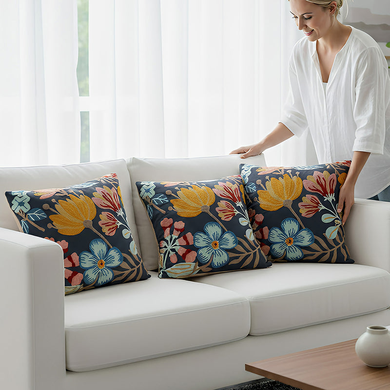 Anypillow Dark Blue Floral Embroidered Pillowcase Decorative Cushion Cover