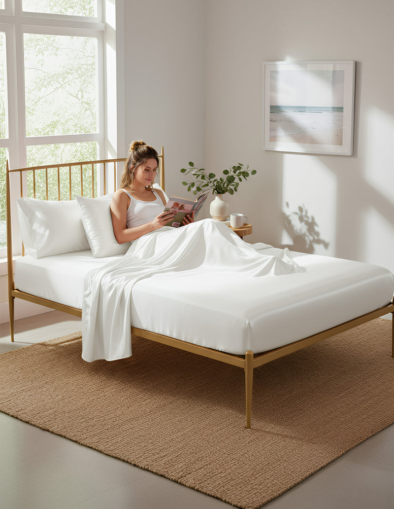 Anycozy Fitted Sheet 180x200cm White Luxury Silky Beddings Set with Pillow Cases