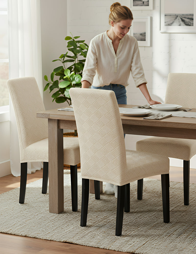 Anyseat Beige Square Geometric Design Chair Cover – Elastic Anti‑Dirt Design for Dining, Kitchen, Wedding, Hotel & Banquet Use