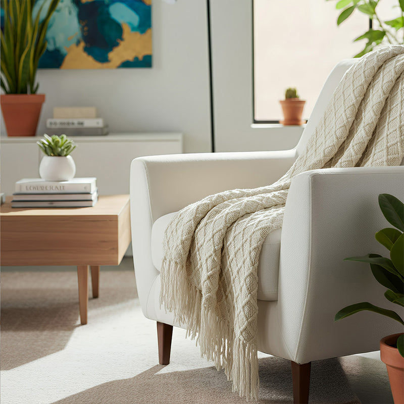 Anycozy Beige Faux Cashmere Throw Blanket Nordic Knit Plaid – Soft Warm Decorative Couch & Bed Cover