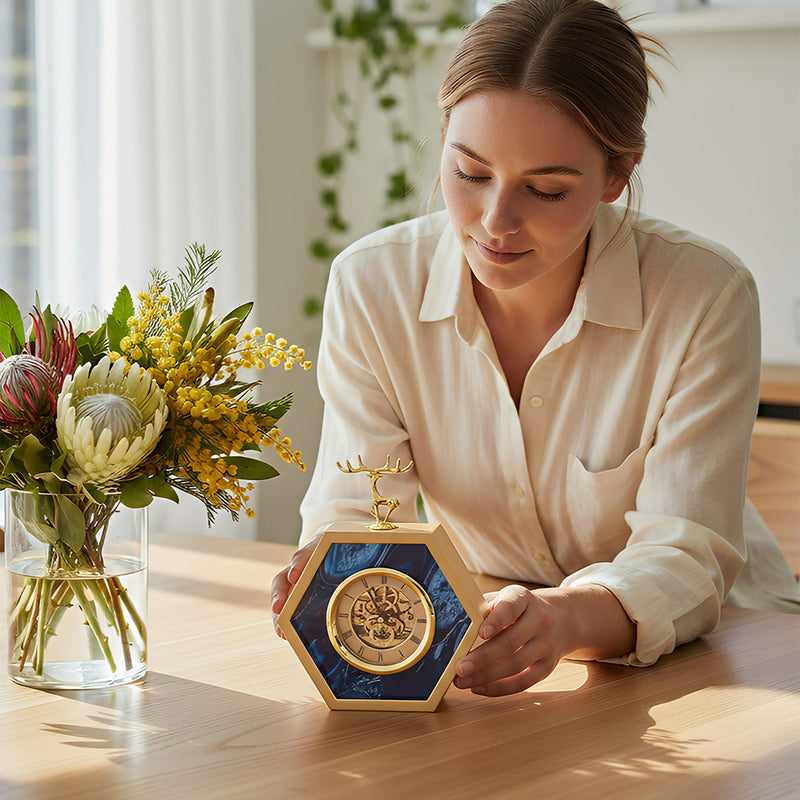 ANYHOUZ 23cm Hexagon Gold Desk Clock with Deer Head Tabletop Home Decor Modern Art Living Room Display House Decorative Crafts Metal Ornaments