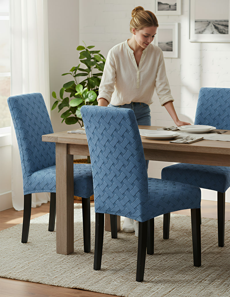 Anyseat Blue Knitted Chair Cover – Elastic Anti‑Dirt Design for Dining, Kitchen, Wedding, Hotel & Banquet Use