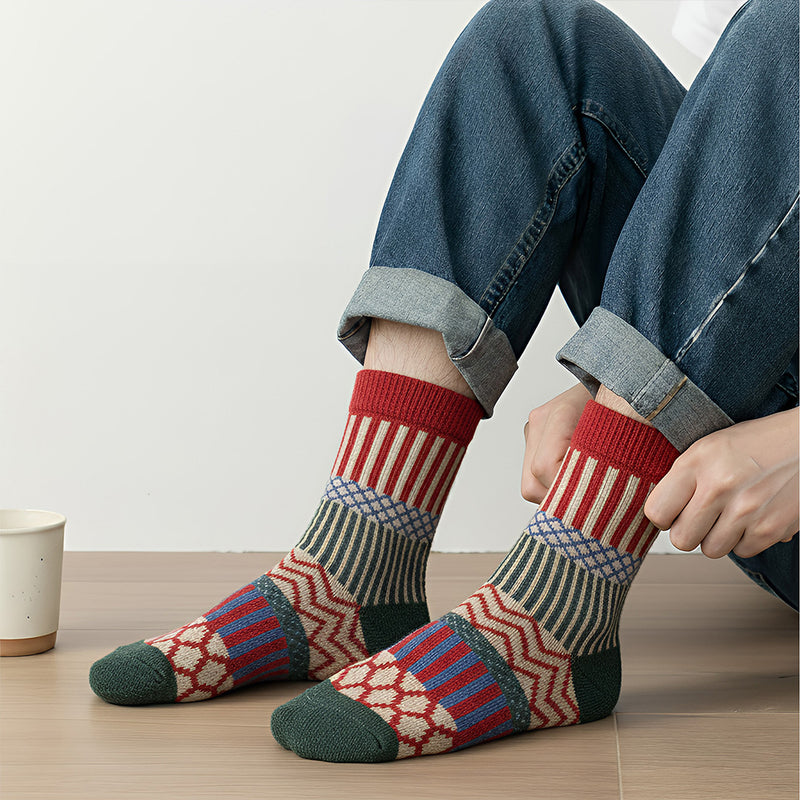 Anyfootwear 5 Pairs One Size 5-9 Multicolor Winter Thick Warm Wool Socks With Colorful Fashionable And Casual Euramerican National Wind-Flowers Sock