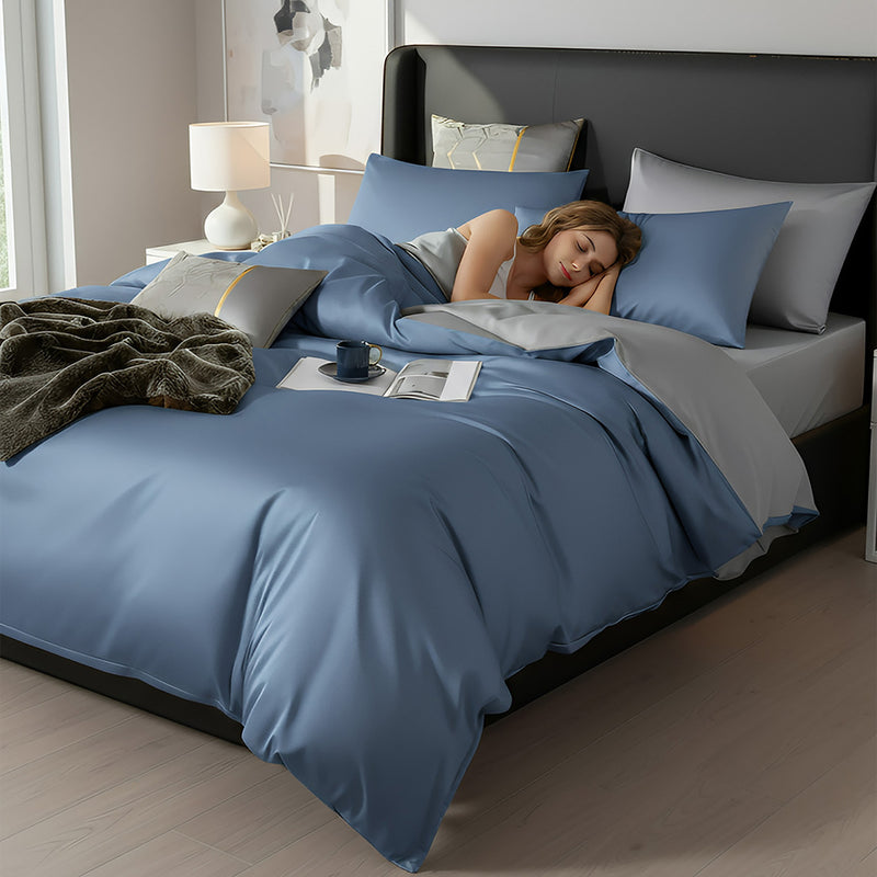 Anycozy Bed Sheet Blue Light Grey Ultra Soft Luxury Egyptian Cotton Bedding Cover UK King Size 4 Pcs Bed Set