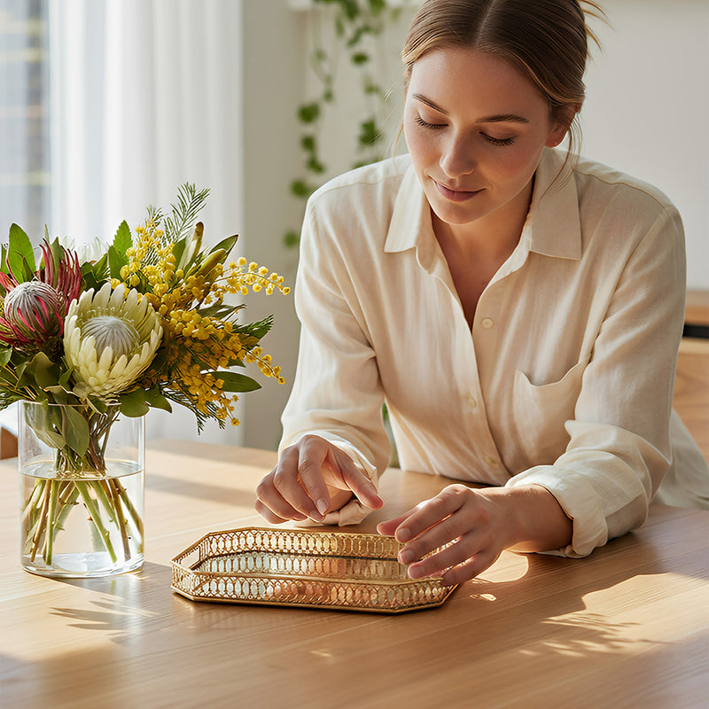ANYHOUZ 35cm Gold Rectangle Glass Mirror Base Metal Vanity Food Serving Organisr Jewelry Cosmetics Storage Tray with Handle