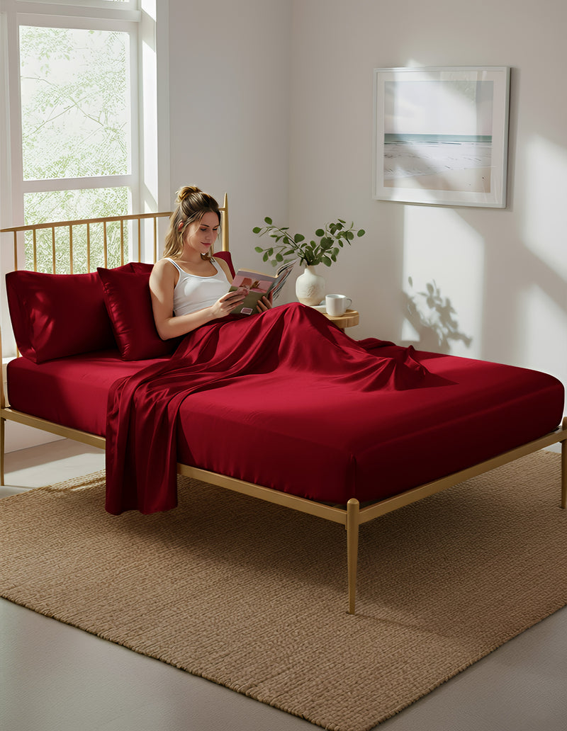 Anycozy Fitted Sheet King Size Winered Luxury Silky Beddings Set with Pillow Cases