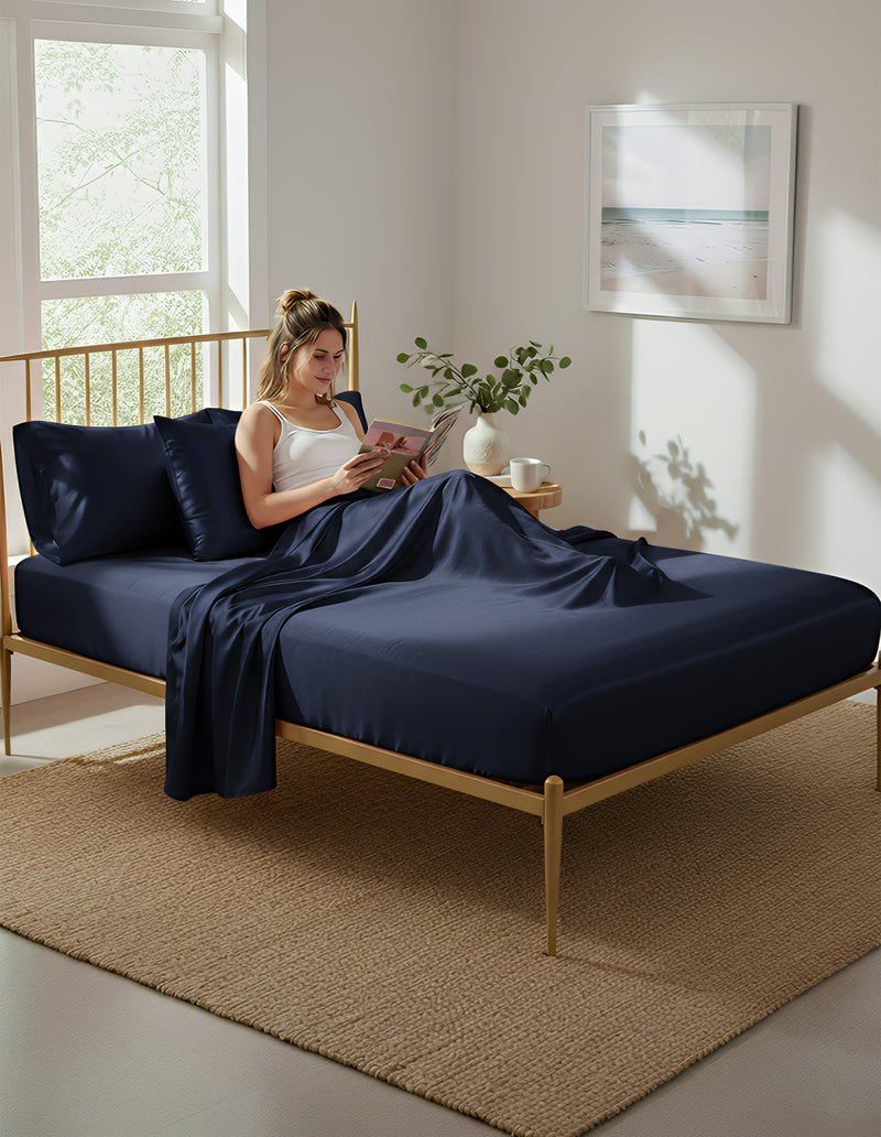 Anycozy Fitted Sheet Queen Size Blue Luxury Silky Beddings Set with Pillow Cases