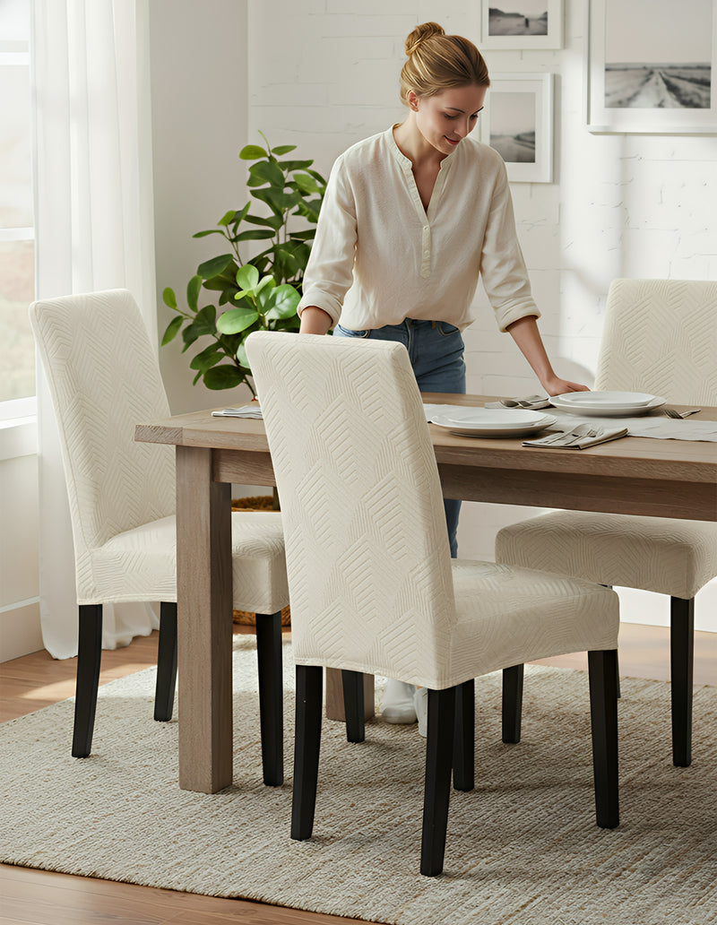 Anyseat Beige Geometric Lines Design Chair Cover – Elastic Anti‑Dirt Design for Dining, Kitchen, Wedding, Hotel & Banquet Use