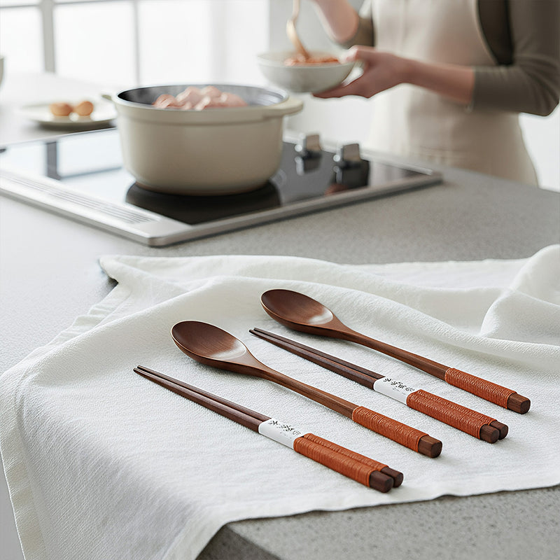 Anygleam Brown 4pcs Wooden Chopsticks and Long Ladle Set Reusable Kitchen Tableware
