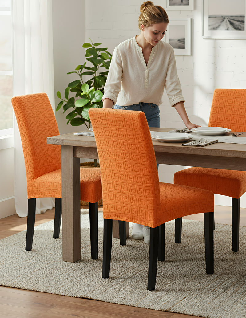 Anyseat Orange Square Geometric Design Chair Cover – Elastic Anti‑Dirt Design for Dining, Kitchen, Wedding, Hotel & Banquet Use