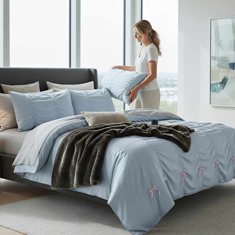 Anycozy Bedding Set Light Blue Ruffle Pleated Duvet Cover Flat Bed Sheet and Pillowcases Bedroom Decor