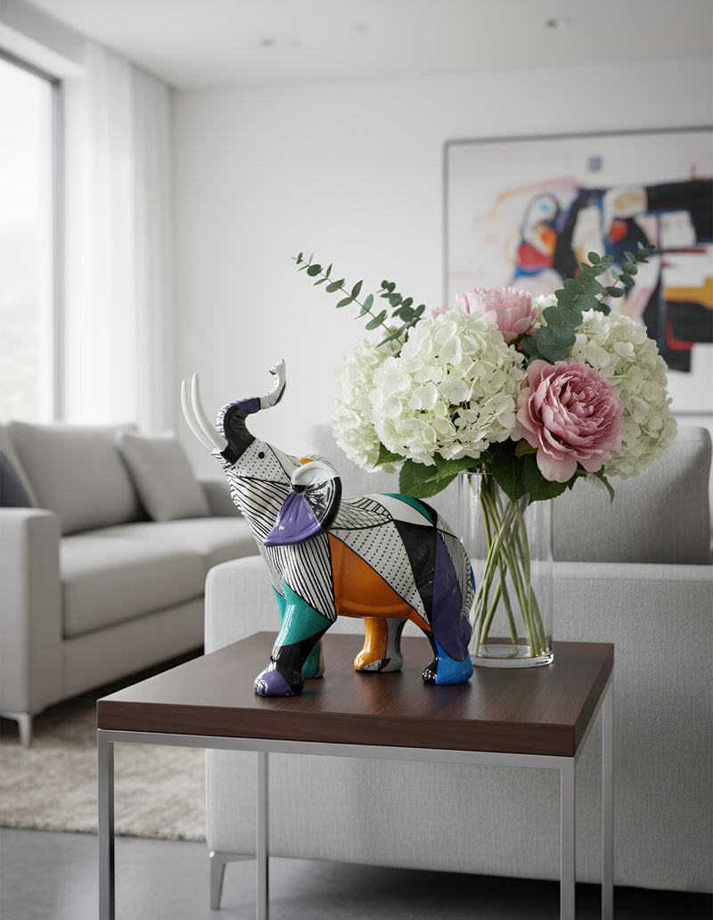 ANYDECO Figurine Medium Abstract with Geometric Graffiti Elephant Sculpture Nordic Resin Statue Decor