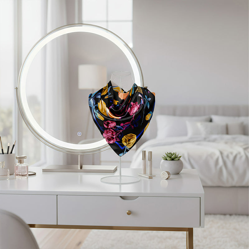 Anyyou Scarf for Women Black Pink Floral Printed Satin Silk Shawl Fashion Accessories Chain Flowers Pattern Autumn Winter Scarves