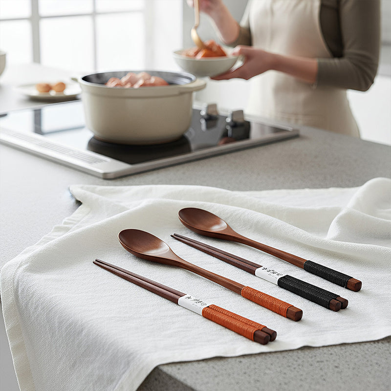 Anygleam Mixed Color 4pcs Wooden Chopsticks and Long Ladle Set Reusable Kitchen Tableware