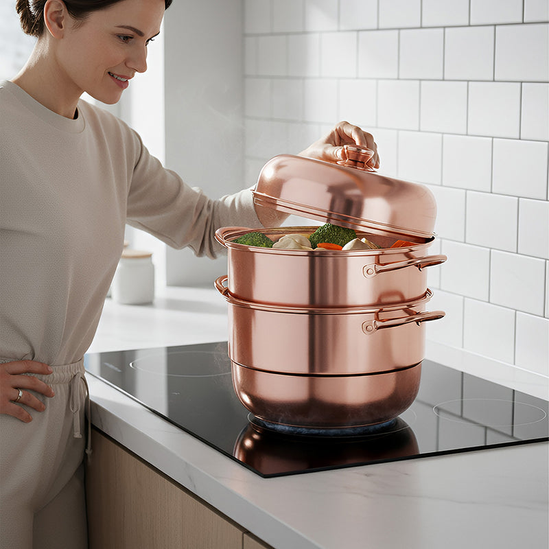 Anygleam Food Steamer Rose Gold Three Layer Thick Stainless Steel Universal Cooking for Induction Cooker Gas Stove Steam Pot