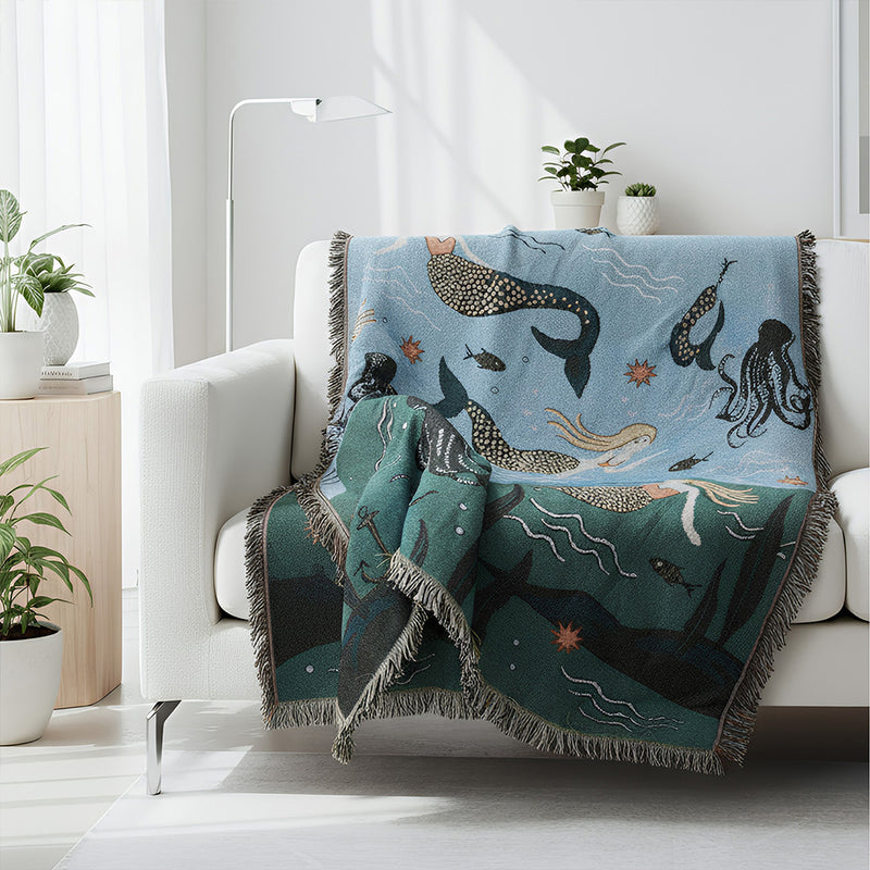 Anycozy Throw Blanket Blue Faux Cashmere Sofa Cover Mermaid Pattern Tassel Soft Picnic Camping Mat130*160cm