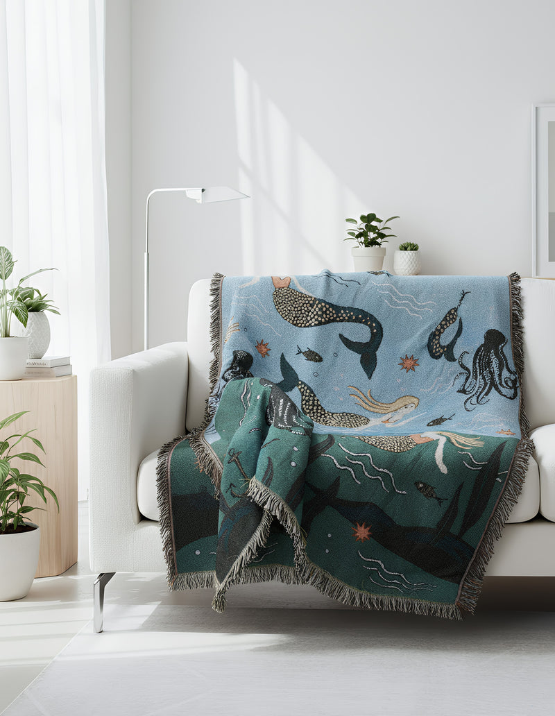 Anycozy Throw Blanket Blue Faux Cashmere Sofa Cover Mermaid Pattern Tassel Soft Picnic Camping Mat 160*260cm