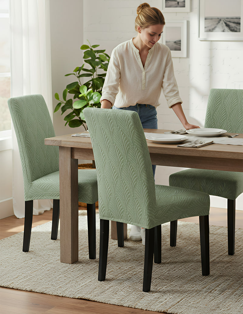 Anyseat Light Green Series Leaf Lines Design Chair Cover – Elastic Anti‑Dirt Design for Dining, Kitchen, Wedding, Hotel & Banquet Use