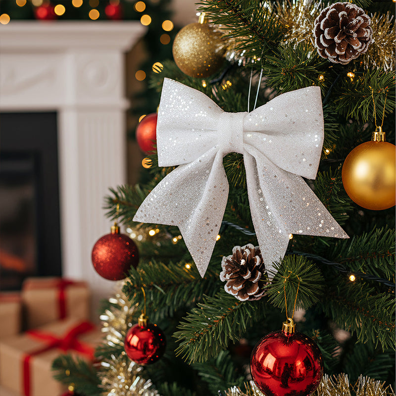 ANYDECO Christmas Bow White Glitter Hanging Decorative Ornaments