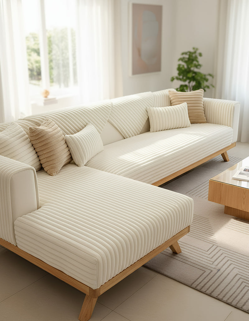Anyseat Sofa Towel Super Soft Linear Beige Rabbit Plush Quilted Couch Cover L-shaped Sectional Anti-slip Sofa Cover