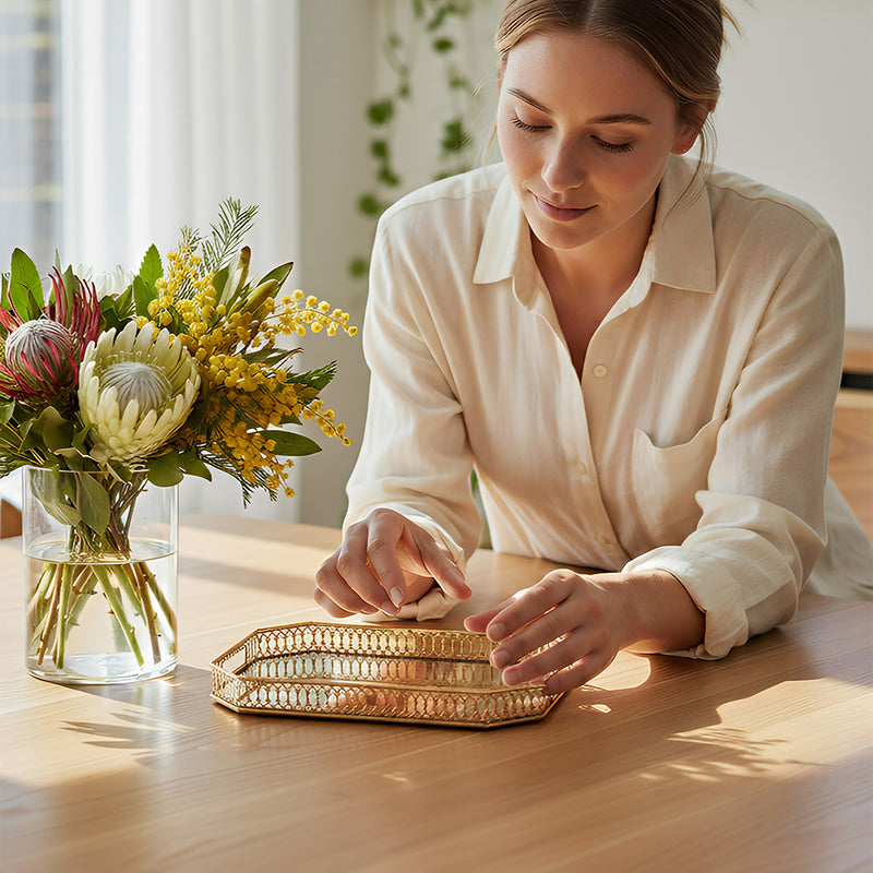 ANYHOUZ  29cm Gold Rectangle Glass Mirror Base Metal Vanity Food Serving Organisr Jewelry Cosmetics Storage Tray with Handle