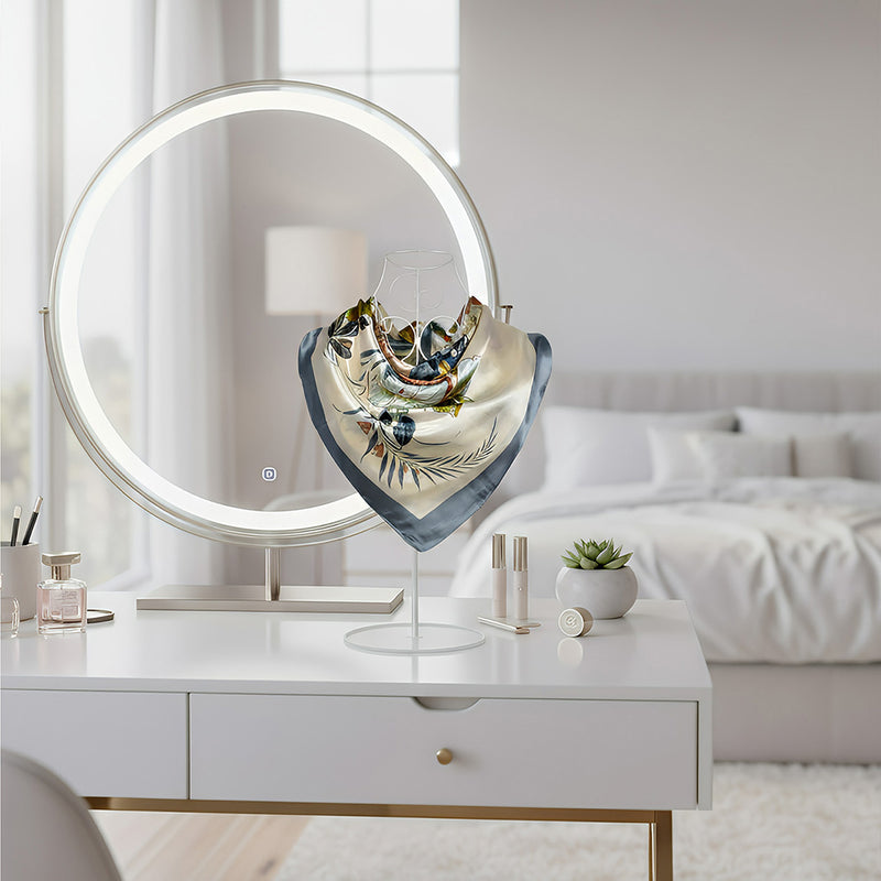 Anyyou Scarf for Women Floral Grey Beige Print Square Silk Shawl For Summer Spring And Fall