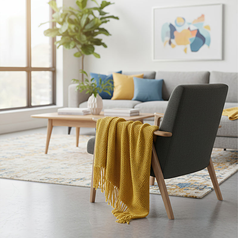 Anycozy Yellow Knitted Waffle Throw Blanket Tassel 130x230cm