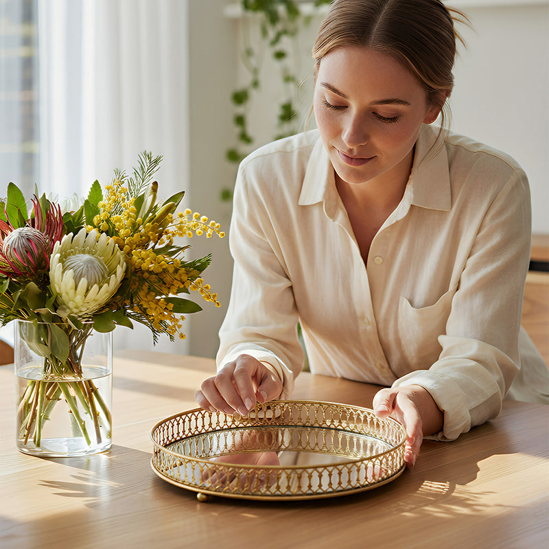 ANYHOUZ 31.5cm Gold Round Glass Mirror Base Metal Vanity Food Serving Organisr Jewelry Cosmetics Storage Tray with Handle