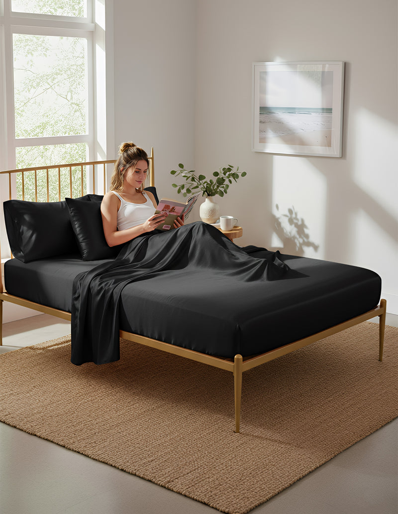 Anycozy Fitted Sheet 180x200cm Black Luxury Silky Beddings Set with Pillow Cases