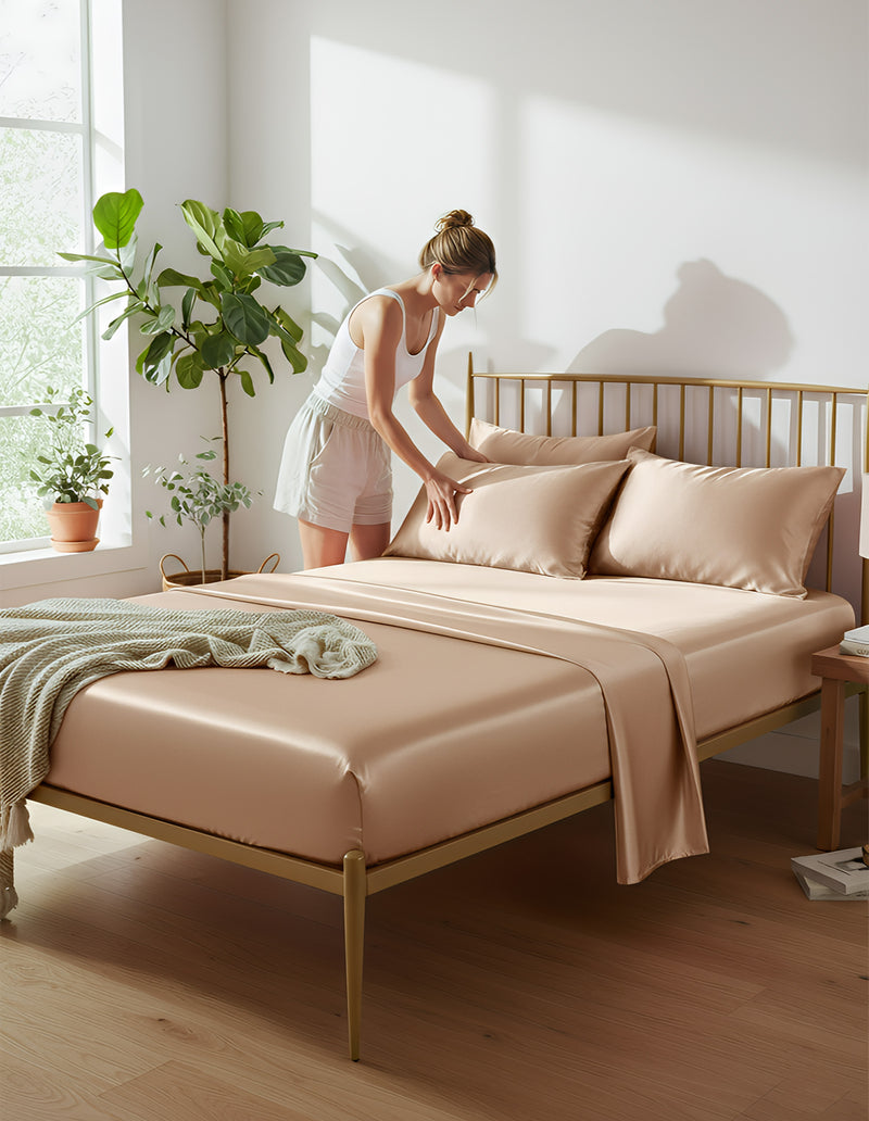 Anycozy Fitted Sheet Twin Size Camel Luxury Silky Beddings Set with Pillow Cases