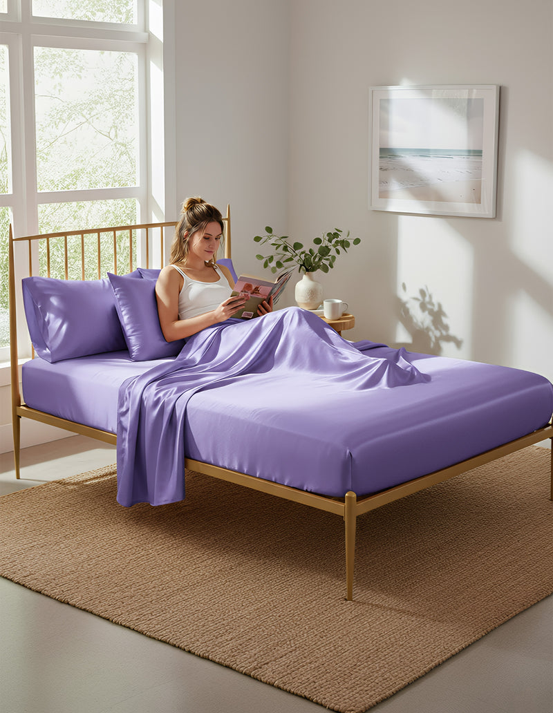 Anycozy Fitted Sheet Queen Size Light Purple Luxury Silky Beddings Set with Pillow Cases