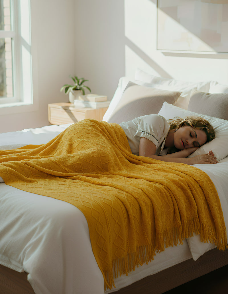 Anycozy Yellow Throw Blanket Knit Plaid Sofa Cover with Tassels 130x180cm