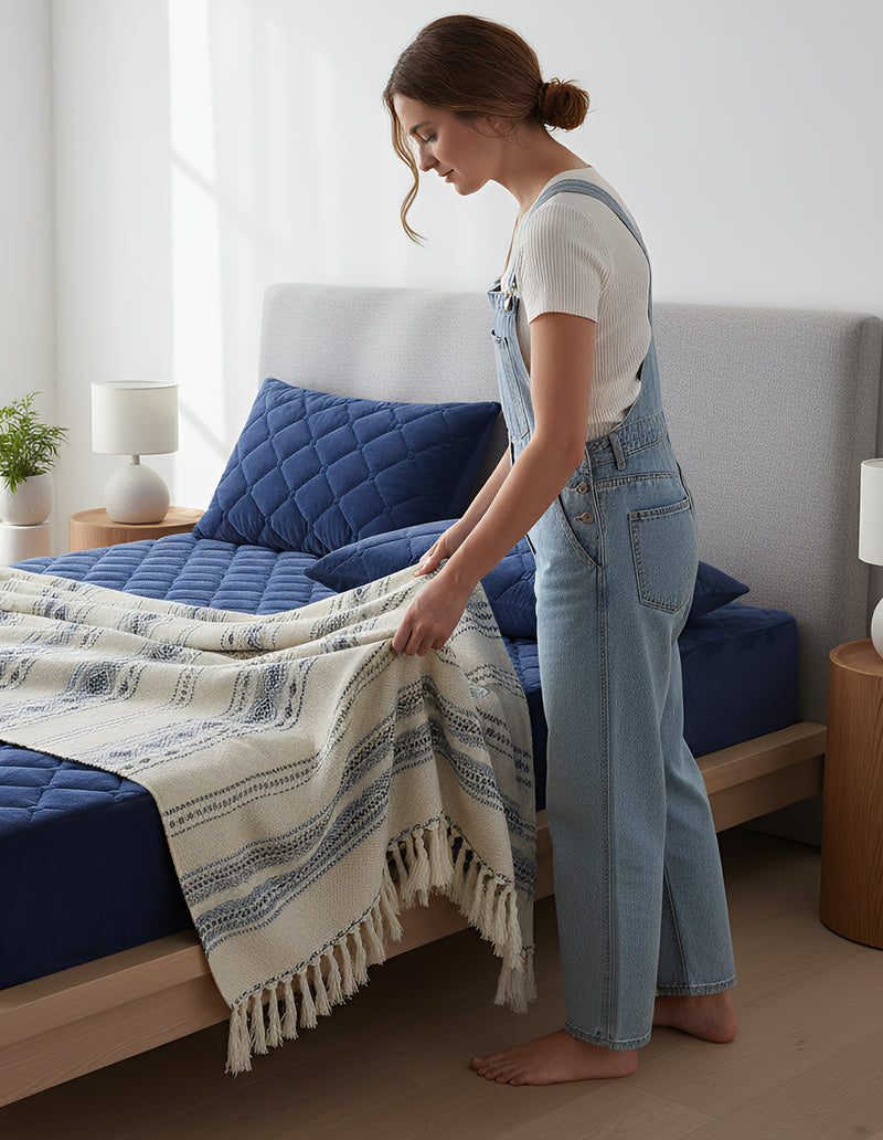 Anycozy Mattress Cover Navy Blue Queen Size Crystal Velvet Thicken Quilted Warm Soft Plush Bed Sheet