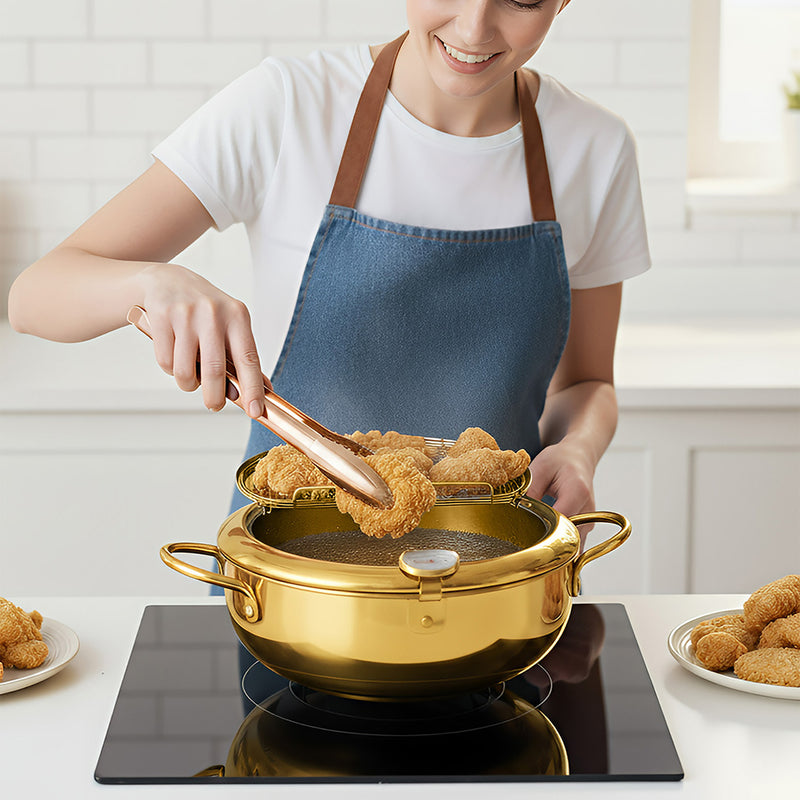 Frying Pan Gold Stainless Steel Thermometer Kitchen Utensils Tempura Fryer Pan Temperature Control Fried Cooking Tools