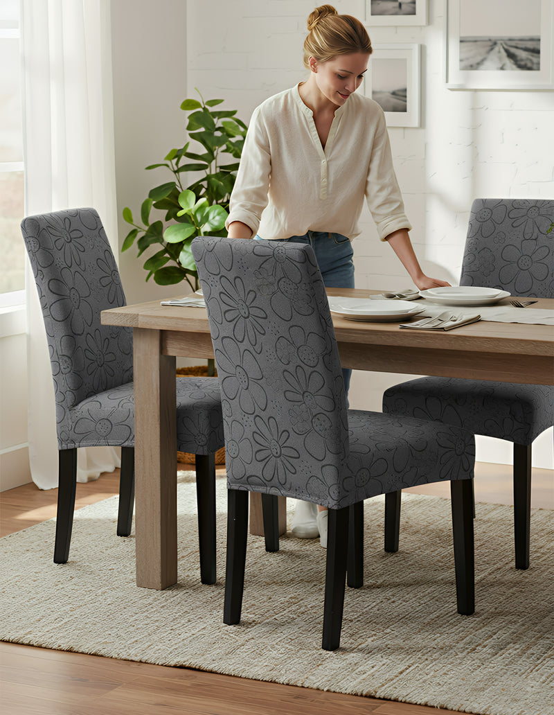 Anyseat Dark Grey Floral Knitted Chair Cover – Elastic Anti‑Dirt Design for Dining, Kitchen, Wedding, Hotel & Banquet Use