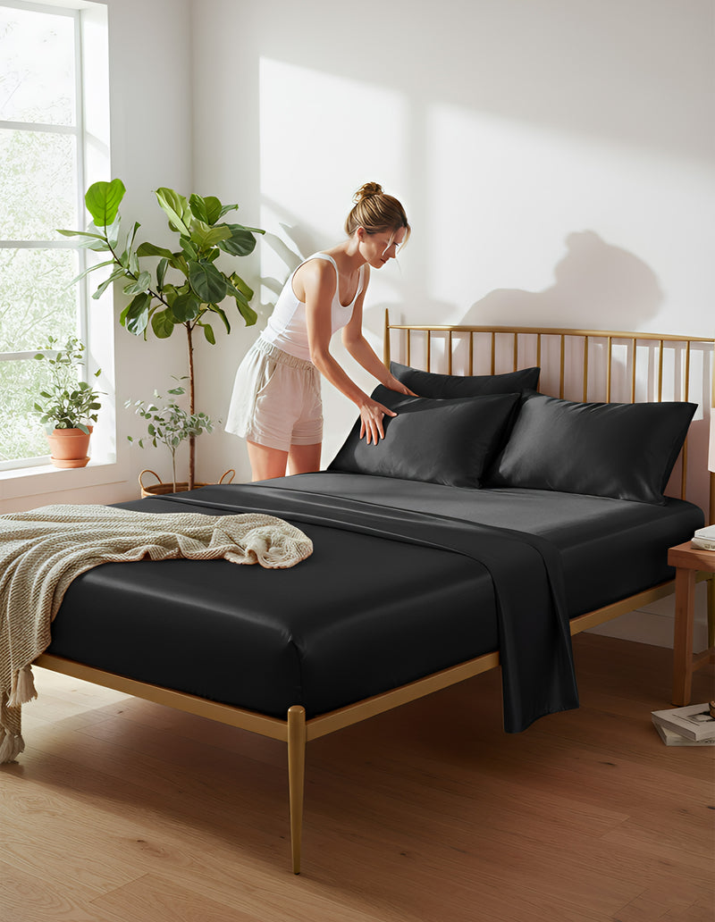 Anycozy Fitted Sheet 180x200cm Black Luxury Silky Beddings Set with Pillow Cases