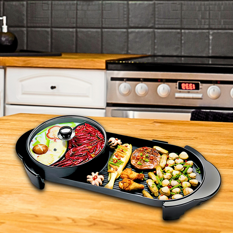 2 in 1 Electric Non-Stick BBQ Teppanyaki Grill Plate Steamboat Dual Sided Hotpot