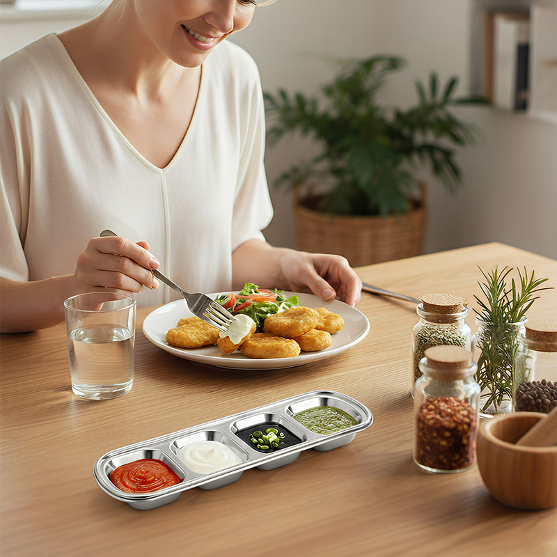 Anygleam Silver Stainless Steel 4-Grid Sauce Dish – Seasoning & Dipping Plates for Kitchenware