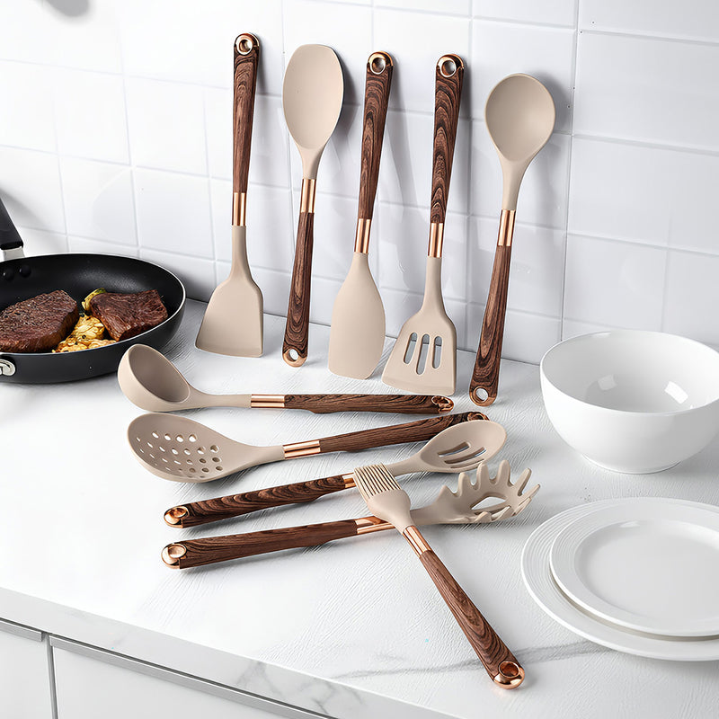 Anygleam Kitchen Utensils Non-stick Brown 10 Set Gold Plated Handle with Support Point Cooking Tool Accessories Heat Resistant Kitchenware