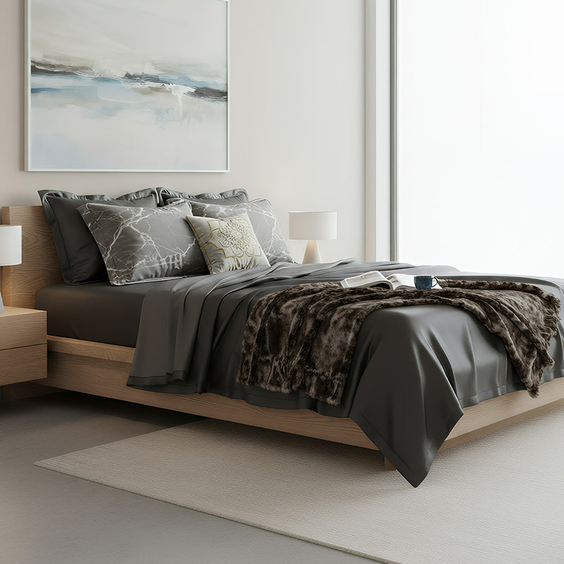 Anycozy Bed Sheet Deep Grey Light Grey Ultra Soft Luxury Egyptian Cotton Bedding Cover UK King Size 4 Pcs Bed Set