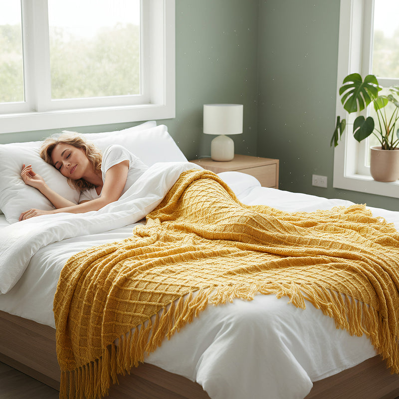 Anycozy Yellow Faux Cashmere Throw Blanket Nordic Knit Plaid – Soft Warm Decorative Couch & Bed Cover