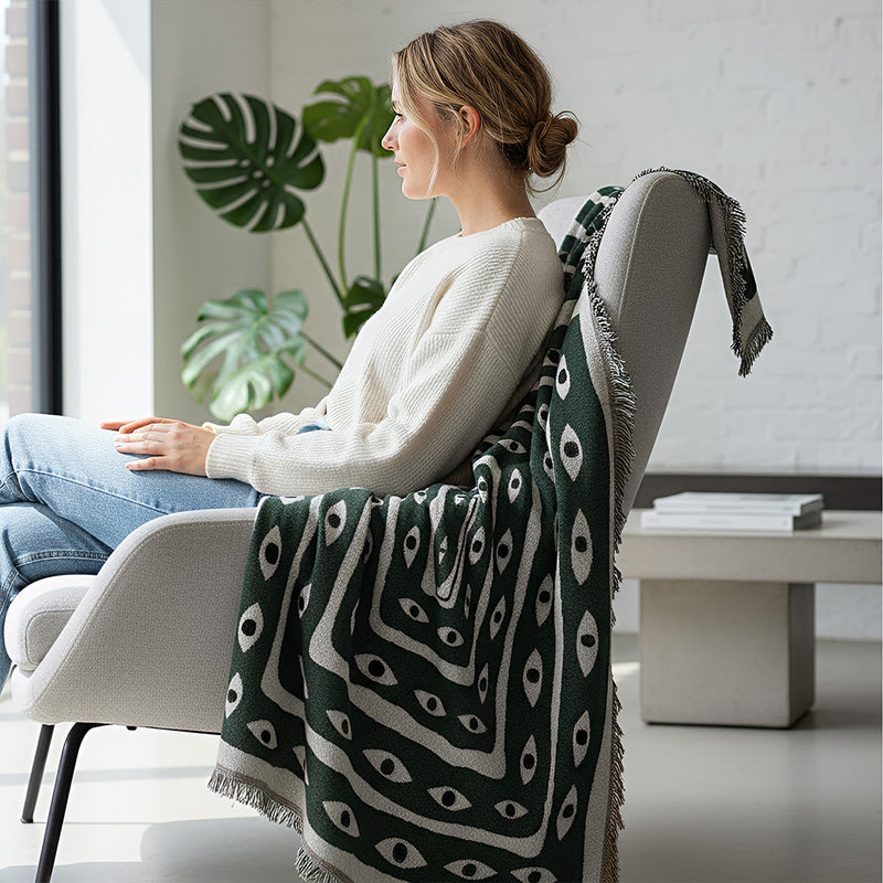Anycozy Green Eye Snake Knitted Waffle Throw Blanket – Soft Tassel Sofa & Bed Cover