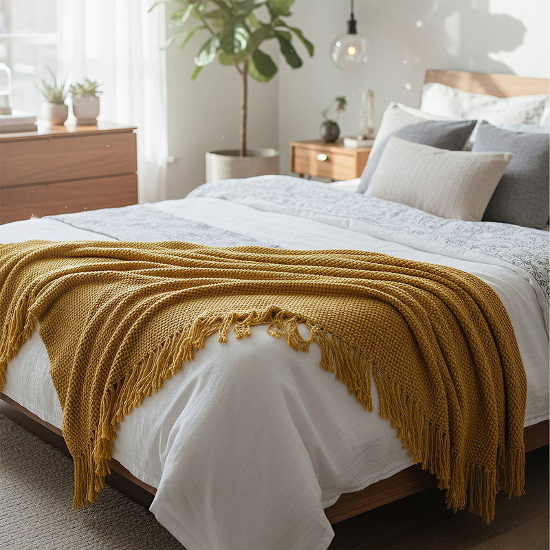 Anycozy Yellow Knitted Waffle Throw Blanket Tassel 130x230cm