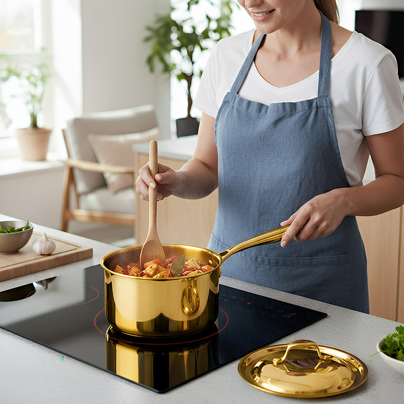 Anygleam Gold 304 Stainless Steel Saucepan – Small Milk & Soup Pot with Lid, Long Handle, Thickened Base, Induction Compatible Dormitory Cookware