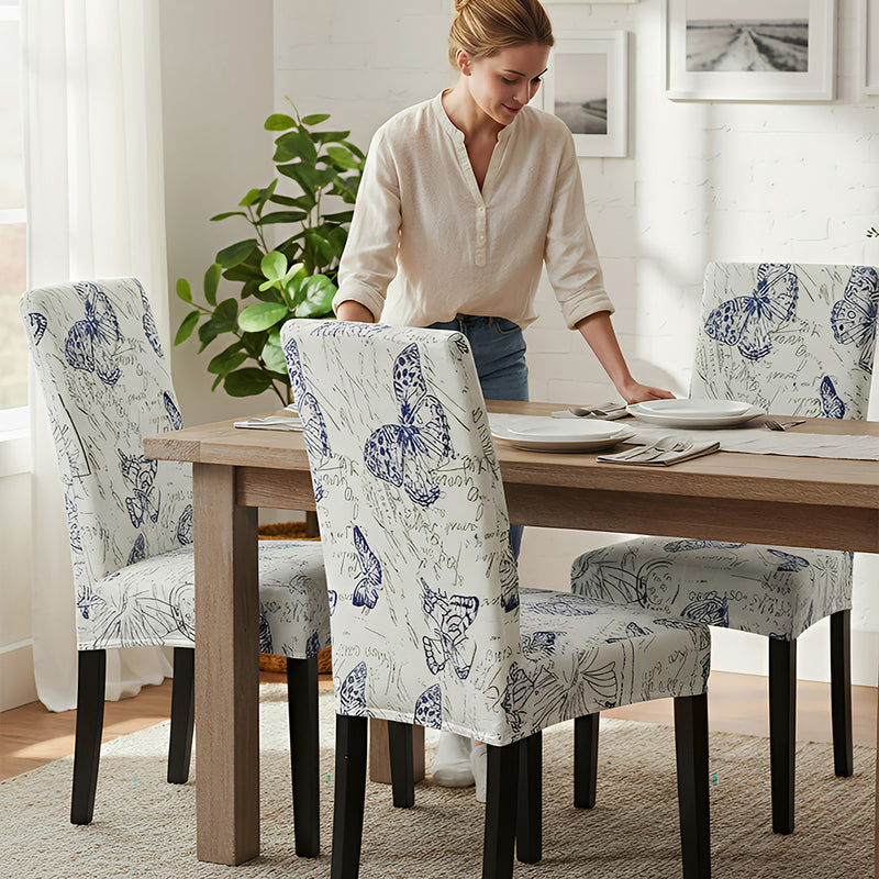 Anyseat White with Blue Butterfly Design Chair Cover – Elastic Slipcover with Anti‑Dirt Protection for Dining Room, Kitchen, Wedding, Hotel, Banquet & Restaurant
