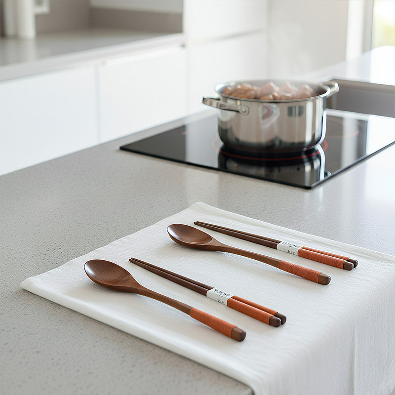 Anygleam Brown 4pcs Wooden Chopsticks and Long Ladle Set Reusable Kitchen Tableware